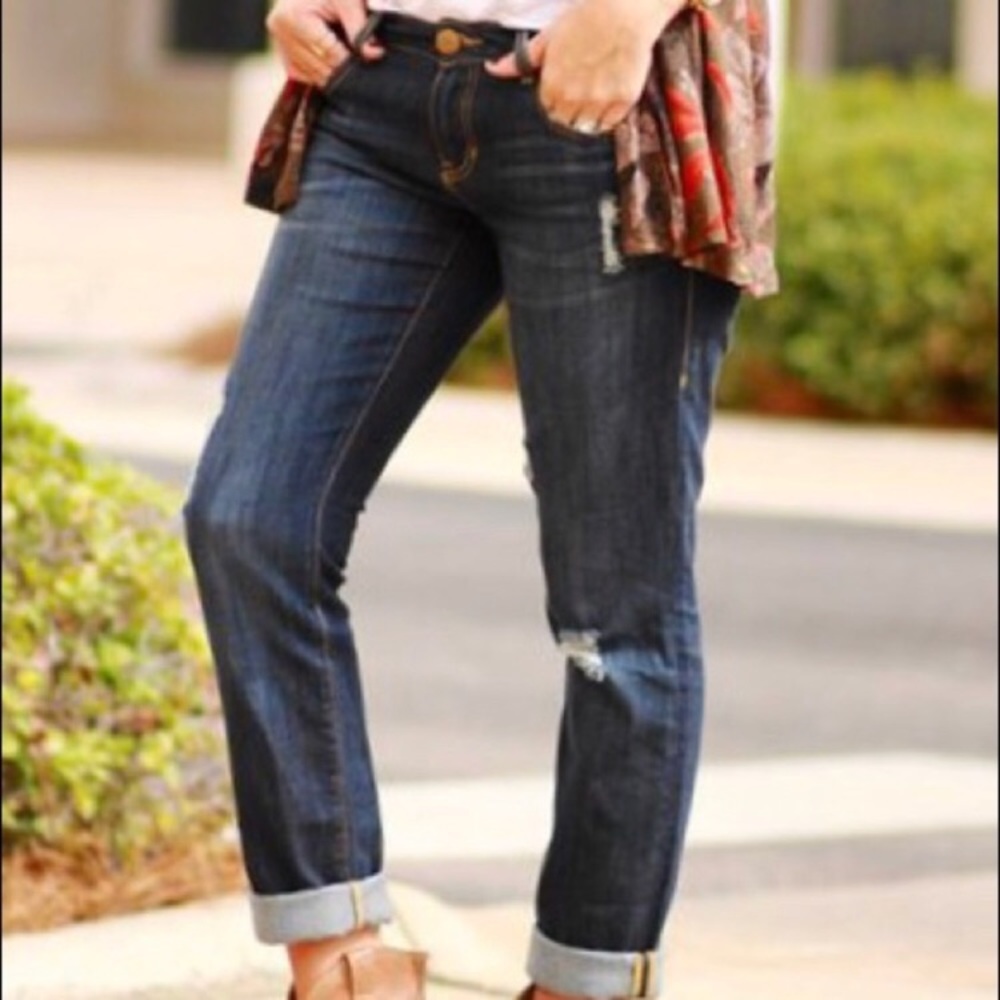 CAbi Dark-Wash Distressed Slim Boyfriend Jeans 8